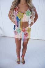 Load image into Gallery viewer, The BLOSSARA Top and Skirt with Multicolour 3D Embellished Flowers and Beaded Tassles