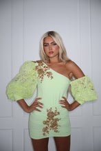 Load image into Gallery viewer, The KIKO Bodysuit and Skirt - Stretch Body with Gold Embellishments and Beaded Lace Sleeves (Lime)
